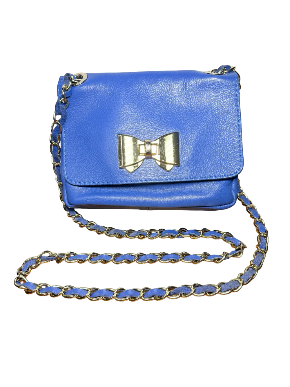 Rare Blue Genuine Leather Made in Italy Blue Crossbody Bag Bow Clasp Chain Strap